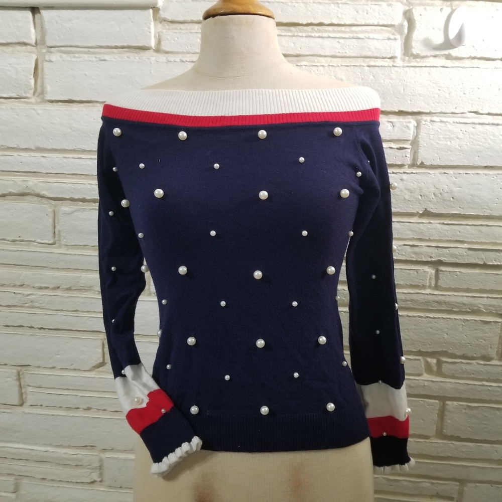 🍁 LC  Patriotic Boatneck Top With Pearls Small